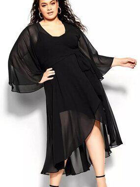 City Chic Fleetwood Maxi Wrap Dress Black Bell Sleeve Hi Lo Size XS 14 NWT